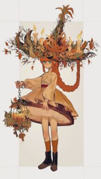 1girl bird birdcage boots border braid braided_ponytail brown_boots cage candle_hat_ornament candlelight chain closed_mouth dress full_body green_eyes grey_background hat hat_branch hat_ornament highres holding holding_chain lamp leaf_hat leaf_hat_ornament long_hair looking_at_object minai_mosa orange_dress orange_hair orange_socks original puffy_sleeves sidelocks socks solo white_border witch_hat