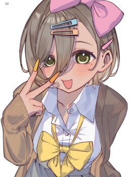 Rule 34 | 1girl, bow, bowtie, brown eyes, brown hair, cardigan, collared shirt, commentary, dress shirt, fingernails, girls band cry, grey skirt, hair between eyes, hair bow, hair ornament, hairclip, hashtag-only commentary, highres, long fingernails, long hair between eyes, looking at viewer, mole, mole under eye, nail polish, ono o aki, open cardigan, open clothes, open mouth, orange nails, pink bow, rupa (girls band cry), school uniform, shirt, simple background, skirt, solo, untranslatable commentary, v, white background, white shirt, yellow bow, yellow bowtie, yellow nails