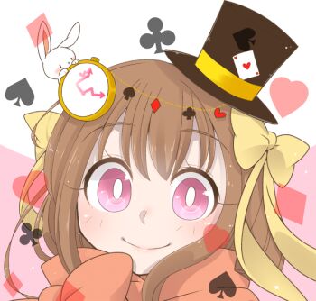 Rule 34 | 1girl, ace (playing card), ace of hearts, arch bishop (ragnarok online), blush, bow, bright pupils, brown hair, brown hat, card, closed mouth, club (shape), commentary request, diamond (shape), hair bow, hat, heart, iyofika, long hair, looking at viewer, mini hat, mini top hat, pink background, pink eyes, pink scarf, playing card, portrait, rabbit, ragnarok online, scarf, smile, solo, spade (shape), top hat, two-tone background, white background, white pupils, yellow bow
