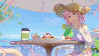 1girl absurdres alternate_costume blue_eyes blue_sky chair choker commentary_request crazy_straw cup day dididi_laonian_ka disposable_coffee_cup disposable_cup dress drink drinking_glass drinking_straw food fruit gradient_clothes gradient_dress hands_up hat heart_straw highres holding holding_drinking_straw honkai:_star_rail honkai_(series) hurricane_glass jewelry lemon lemon_slice looking_at_viewer march_7th_(honkai:_star_rail) medium_hair multicolored_eyes necklace off-shoulder_dress off_shoulder on_chair open_mouth outdoors patio_umbrella pink_eyes pink_hair plate ribbon sitting sky solo straw_hat table two-tone_eyes upper_body v