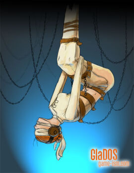 1girl bdsm belt blindfold bondage bound brown_hair chain commentary encasement female_focus gag gagged glados hair_bun headphones immobilization isolation leather legbinder lock navel non-web_source orange_hair padlock personification pinup_(style) portal_(series) portal_1 red_hair sensory_deprivation single_hair_bun slave solo spoilers straitjacket strap upside-down valve watermark web_address