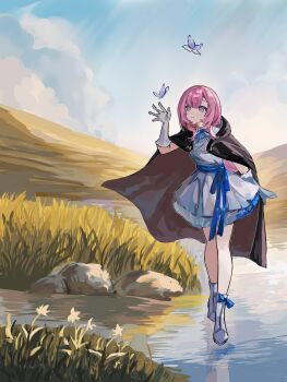 1girl absurdres aged_down alternate_costume black_cape blue_eyes blue_sky boots breasts bug butterfly cape chinese_commentary commentary_request dress elysia_(honkai_impact) gloves highres honkai_(series) honkai_impact_3rd insect long_hair outdoors pink_hair qianzao_a_nong_yi_dongbudong sky small_breasts solo white_boots white_dress white_gloves