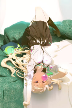 1girl absurdres black_skirt blonde_hair blowing_bubble_gum blurry blurry_foreground breasts chewing_gum commentary_request earrings full_body hair_between_eyes hair_ornament headphones headphones_around_neck highres id_card jewelry kneehighs large_breasts long_hair looking_at_viewer lying lynae_(wuthering_waves) miantan_xi_kangti on_back on_bed purple_eyes shirt shirt_tucked_in skirt skull_hair_ornament socks solo star_(symbol) star_earrings thigh_strap white_shirt wuthering_waves