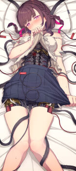 Rule 34 | 1girl, android, barcode, black skirt, blush, braid, brown hair, commentary request, double strap slip, highres, itou (onsoku tassha), lifting own clothes, lying, on back, original, pillow, pleated skirt, purple eyes, school uniform, skirt, solo, strap slip, sweat