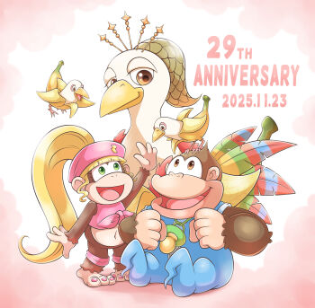 1boy 1girl 2025 anniversary aogaeru_(pixiv46613656) banana_bird banana_bird_queen beret bird blonde_hair chimpanzee cloud dated dixie_kong donkey_kong_(series) donkey_kong_country_3 gorilla green_eyes hand_up hat kiddy_kong looking_at_another nail_polish navel nintendo onesie open_mouth pacifier pink_background ponytail shirt sitting smile standing tied_shirt toenail_polish toenails