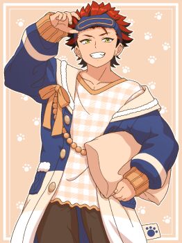 Rule 34 | 1boy, aopanda, arm up, at home (ensemble stars!), black hair, clenched teeth, commentary request, ear piercing, earrings, ensemble stars!, fingernails, green eyes, holding, holding pillow, jewelry, kiryu kuro, long sleeves, looking at viewer, male focus, multicolored hair, partial commentary, paw print, piercing, pillow, red hair, short hair, sleep mask, smile, solo, streaked hair, stud earrings, teeth, two-tone hair