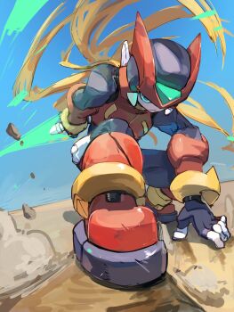 1boy absurdres armor blonde_hair debris energy_sword forehead_jewel helmet highres long_hair male_focus mega_man_(series) mega_man_zero_(series) omochi_(mochi_skymega) red_armor red_helmet solo sword weapon z_saber zero(z)_(mega_man) zero_(mega_man)