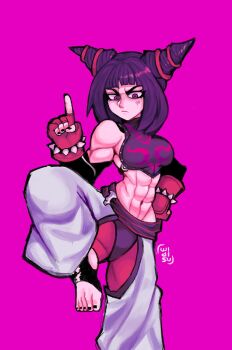 1girl abs blunt_bangs bracelet breasts closed_mouth commentary cowboy_shot crop_top english_commentary fingerless_gloves gloves hair_horns halterneck han_juri hand_up highres index_finger_raised jewelry large_breasts leg_up looking_at_viewer muscular muscular_female navel pants pink_background pink_gloves purple_eyes purple_hair short_hair simple_background solo spiked_bracelet spikes standing standing_on_one_leg stirrup_footwear street_fighter toes white_pants widisu