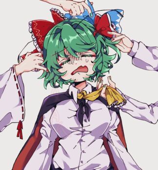 5girls antennae ascot black_cape blue_bow bobotatamu bow breasts cape cirno closed_eyes collared_shirt distress fang frilled_bow frills gloom_(expression) green_hair grey_background hair_bow hair_ribbon hakurei_reimu highres kazami_yuuka long_sleeves medium_breasts multiple_girls nail_polish open_mouth red_bow red_cape red_ribbon ribbon rumia shirt short_hair skin_fang touhou two-sided_cape two-sided_fabric unhappy upper_body watermark white_shirt wriggle_nightbug yellow_ascot