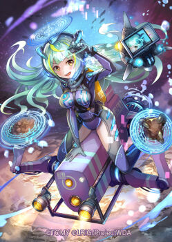 1girl aqua_hair blonde_hair copyright_notice halo hokuyuu leotard long_hair looking_at_viewer multicolored_hair official_art open_mouth protactinium_(wixoss) purple_leotard purple_thighhighs smile solo streaked_hair thighhighs wixoss yellow_eyes