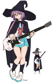 1girl 3amsoda black_cape black_socks blue_sailor_collar blue_skirt blush cape chest_ribbon commentary electric_guitar expressionless figure gibson_sg glasses guitar hat highres instrument kita_high_school_uniform kneehighs long_sleeves looking_at_viewer nagato_yuki pleated_skirt purple_hair red_ribbon ribbon sailor_collar school_uniform shirt shoes short_hair simple_background skirt socks solo suzumiya_haruhi_no_yuuutsu thigh_gap watermark white_background white_shirt winter_uniform witch_hat yellow_eyes