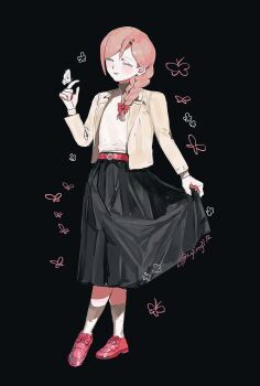 1girl belt black_background black_skirt bow braid brown_jacket bug butterfly butterfly_on_hand closed_mouth commentary full_body hair_bow hand_up highres insect jacket long_hair long_skirt nojinoji12 original pink_hair red_belt red_bow red_shoes shirt_tucked_in shoes side_braid simple_background skirt smile socks solo symbol-only_commentary white_butterfly white_socks