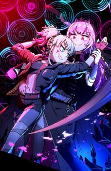 2girls absurdres batman_(series) black_shorts blonde_hair blue_eyes blue_hair blush breasts crop_top crossover dc_comics ddolbang fingerless_gloves gloves harley_quinn harley_quinn_(suicide_squad_isekai) highres hololive hololive_english jacket long_hair long_sleeves makeup medium_breasts mori_calliope multicolored_hair multiple_girls navel pink_eyes pink_hair red_eyes red_hair shorts smile suicide_squad suicide_squad_isekai twintails virtual_youtuber
