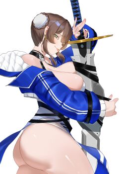 1girl absurdres arm_up ass bare_shoulders black_choker blue_dress blue_jacket blush braid braided_bun breasts brown_hair bun_cover chaos_zero_nightmare choker cleavage cropped_jacket curvy dress eyeliner from_side gradient_clothes gradient_dress hair_bun hair_ornament highres holding holding_sword holding_weapon huge_breasts huge_weapon jacket looking_at_viewer makeup mole mole_under_mouth msry1999 off_shoulder open_clothes open_jacket open_mouth panty_straps pelvic_curtain piercing short_hair_with_long_locks sideboob skindentation smile solo strapless strapless_dress sword sword_between_breasts tongue tongue_out tongue_piercing weapon yellow_eyes yuki_(chaos_zero_nightmare)