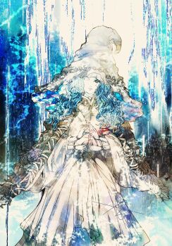 1girl blue_eyes blue_hair doll_joints dress elden_ring extra_arms hat head_tilt joints long_hair one_eye_closed ranni_the_witch ruka_(blueplus84) solo steepled_fingers white_dress white_hat witch_hat