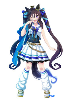 1girl absurdres anchor_necklace anchor_ornament animal_ears beret blue_nails blue_ribbon blush breasts brown_hair commentary_request ear_covers full_body hair_between_eyes hat highres horse_ears horse_girl horse_tail jewelry konsu_(konsu1182da) long_hair looking_at_viewer loose_socks mole mole_under_eye multicolored_hair necklace one_eye_closed open_mouth purple_eyes ribbon shirt shoes simple_background single_ear_cover skirt smile socks solo streaked_hair tail twintails umamusume vivlos_(umamusume) vivlos_(voyage_etincelant)_(umamusume) white_background white_hat white_skirt white_socks