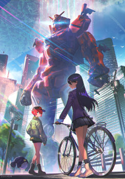Rule 34 | 2girls, absurdres, amate yuzuriha, ankle boots, arms at sides, artist name, baseball cap, beanie, bicycle, black boots, black hair, black hat, black shorts, black skirt, black socks, blazer, blue eyes, blue jacket, boots, brown footwear, building, city, clenched hands, closed mouth, colony interior, commentary request, glowing, glowing eyes, green eyes, green jacket, gundam, gundam gquuuuuux, hair between eyes, haro, hat, high tops, highres, jacket, long hair, long sleeves, looking at viewer, looking back, mecha, mobile suit, multiple girls, non-humanoid robot, nyaan (gundam gquuuuuux), pleated skirt, power lines, profile, red gundam, red hair, road, robot, school uniform, science fiction, shinwoo choi, shoes, short hair, shorts, simple bird, skirt, skyscraper, sneakers, socks, standing, street, tree, utility pole, v-fin