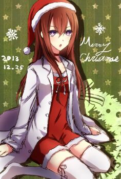 1girl 2013 :o annoyed brown_hair christmas dress fur-trimmed_dress fur_trim hair_between_eyes hat highres kneeling lab_coat long_hair makise_kurisu merry_christmas miniskirt nishijou_myu purple_eyes santa_costume santa_dress santa_hat science_adventure short_dress sitting skirt solo steins;gate thighhighs wariza white_thighhighs