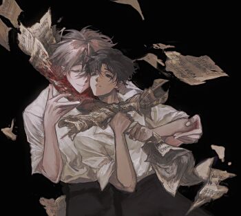Rule 34 | 2boys, black background, black pants, blood, blood on paper, brown hair, closed eyes, closed mouth, collared shirt, front-to-back, grey hair, hand on another's arm, hand on own elbow, hashtag-only commentary, ikari shinji, looking at another, male focus, multiple boys, nagisa kaworu, neon genesis evangelion, pants, paper sword, parted lips, sheet music, shirt, short hair, simple background, standing, teeth, torn paper, white shirt, zhiwukafuka
