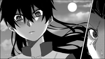 2girls black_hair floating_hair genderswap genderswap_(mtf) hair_between_eyes hair_slicked_back highres jacket long_hair looking_at_another michael_roa_valdamjong monochrome moonlight multiple_girls mystic_eyes mystic_eyes_of_death_perception night open_clothes open_jacket partially_shaded_face scared scene_reference serious sky sweat tohno_shiki trembling tsukihime tsukihime_(remake) uzuki_orange