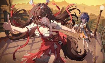 2girls absurdres aichinaigai animal_ears bag belle_(delicate_sunlight)_(zenless_zone_zero) belle_(zenless_zone_zero) blue_hair bracelet breasts brown_hair chinese_clothes cleavage collar commentary droopy_ears fox_ears fox_girl fox_tail frilled_collar frilled_shirt frills green_eyes hair_ornament hairclip headband highres jewelry long_hair long_skirt multiple_girls official_alternate_costume outdoors red_eyes ribbon shirt shoes short_hair skirt stairs tail very_long_hair ye_shunguang zenless_zone_zero