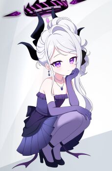1girl absurdres black_halo black_horns black_shoes blue_archive blue_gem blush closed_mouth commentary_request dress earrings elbow_gloves gem gloves halo high_heels highres hina_(blue_archive) hina_(dress)_(blue_archive) horns iisa111111 jewelry korean_commentary long_hair looking_at_viewer necklace official_alternate_costume pantyhose pendant purple_dress purple_eyes purple_gloves purple_pantyhose shoes solo squatting strapless strapless_dress white_hair