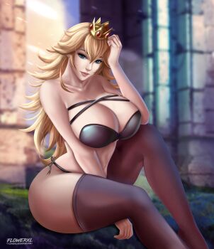 Rule 34 | 1girl, absurdres, big breasts, black lingerie, black thighhighs, blonde hair, blue eyes, breasts, cleavage, earrings, female focus, flowerxl, highres, jewelry, lingerie, looking at viewer, mario (series), nintendo, princess peach, seductive smile, sitting, smile, thighhighs, underwear