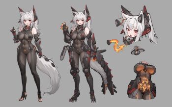 1girl absurdres animal_ear_fluff animal_ears armor bare_shoulders black_bodysuit bodysuit breasts claw_pose claws commentary_request dildo_gag facial_mark female_focus full_body gag gauntlets grey_background headgear high_heels highres large_breasts looking_at_viewer mask mouth_mask nose_tube original plug_gag reference_sheet simple_background standing stmast tail tail_armor tiptoes tongue tongue_out twintails white_hair wolf_ears wolf_tail yellow_eyes