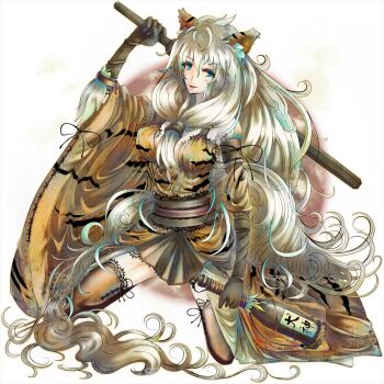 1girl animal_ears arcanine blue_eyes bottle breasts brown_gloves cleavage gen_1_pokemon gloves hair_between_breasts holding holding_bottle holding_weapon long_hair maedathesuper nintendo obi personification pokemon sash solo thighhighs very_long_hair weapon white_background white_hair wide_sleeves