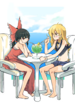 2girls adapted_costume alternate_costume apron bare_arms barefoot black_hair blonde_hair bow braid brown_eyes chair cup dating detached_sleeves drinking drinking_glass drinking_straw eye_contact freckles hair_bow hair_tubes hakurei_reimu ikki3nomi kirisame_marisa looking_at_another multiple_girls sarashi shared_drink shirt shorts single_braid sitting skirt skirt_set sleeveless sleeveless_shirt smile table touhou waist_apron yellow_eyes