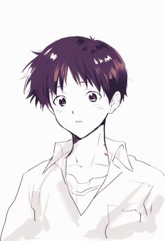 Rule 34 | 1boy, closed mouth, collarbone, collared shirt, commentary request, greyscale, hickey, ikari shinji, light blush, male focus, monochrome, neon genesis evangelion, open collar, school uniform, shirt, short hair, simple background, solo, tokyo-3 middle school uniform, tsubaki xxx0921, undershirt, white background