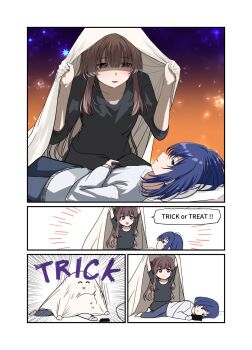 2girls black_shirt blue_eyes blue_hair brown_eyes brown_hair cellphone commentary english_commentary english_text highres holding holding_phone long_hair lr6fko4upypf9hv medium_hair miyagi_shiori multiple_girls open_mouth parted_lips phone sendai_hazuki shared_blanket shirt shuuniichido_classmate_wo_kau_hanashi smartphone smile speech_bubble trick_or_treat white_shirt yuri