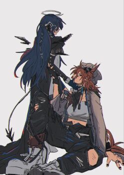2girls ambience_synesthesia ankle_boots aqua_eyes arknights arm_support asymmetrical_gloves bandana bandana_around_neck beanie black_bandana black_dress black_gloves black_horns black_pants blue_gloves boots bracelet commentary demon_horns demon_tail dress energy_wings feather_hair fiammetta_(ambience_synesthesia)_(arknights) fiammetta_(arknights) fingerless_gloves full_body gloves grey_hat grey_jacket hair_between_eyes halo hand_on_another&#039;s_face hat highres holding_another&#039;s_arm horns invisible_floor jacket jewelry knee_up long_hair long_sleeves looking_at_another looking_at_viewer midriff mismatched_gloves mostima_(arknights) mostima_(ethereal_harmony)_(arknights) multiple_girls open_clothes open_jacket pants ring ronsudsud short_hair sidelocks simple_background sitting standing strapless symbol-only_commentary tail torn_clothes torn_pants train_(clothing) tube_top very_long_hair white_background white_boots white_tube_top yuri