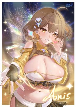 1girl absurdres aerial_fireworks ahoge anis_(nikke) bandeau bare_shoulders belt_pouch black_gloves black_shorts blush border breasts brown_eyes brown_hair cat_hair_ornament character_name chest_harness chinese_commentary cleavage clothing_cutout commentary_request cowboy_shot d_plan earpiece fingerless_gloves fireworks gloves goddess_of_victory:_nikke grin hair_between_eyes hair_ornament half-heart_hands hand_up harness heart highres large_breasts long_sleeves looking_at_viewer medium_hair micro_shorts midriff navel official_alternate_costume one_side_up pouch shorts shoulder_cutout shrug_(clothing) side_slit side_slit_shorts sidelocks signature single_fingerless_glove smile solo stage_lights standing teeth turtleneck underbust variant_set white_bandeau white_border yellow_shrug