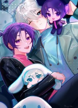 2boys black_jacket blue_lock blue_shirt chibi commentary_request grey_jacket high_ponytail highres jacket mikage_reo multiple_boys nagi_seishirou one_eye_closed pang_(pang_bb) pink_shirt ponytail purple_hair sanrio shirt simple_background smile white_hair yaoi