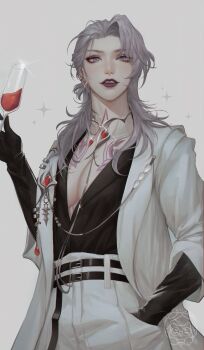 1girl absurdres alcohol belt black_belt black_gloves black_lips black_shirt blue_eyes breasts champagne_flute chest_tattoo cleavage coat commentary cup drinking_glass ear_piercing earrings english_commentary from_below gem gloves grey_hair hair_behind_ear hair_over_shoulder hand_in_pocket high-waist_pants highres jewelry lapels large_breasts long_hair necklace official_alternate_costume open_clothes open_coat pants parted_lips path_to_nowhere piercing shirt solo tattoo upswept_hair white_coat white_pants yuki_lu zoya_(path_to_nowhere)