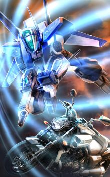 aoki_ryuusei_spt_layzner bad_id bad_twitter_id canopy_(aircraft) flying gun holding holding_gun holding_weapon k16_(r_area2019) layzner_mk_v mecha mechanical_wings motor_vehicle motorcycle no_humans radio_antenna robot science_fiction weapon wings