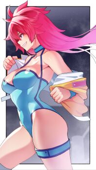 1girl aqua_choker blue_leotard border breasts choker cleavage cowboy_shot highres jacket kupala leotard leotard_under_clothes long_hair medium_breasts mighty_yukiko pink_hair purple_eyes short_sleeves smile solo undressing white_border wrestle_angels wrestle_angels_survivor wrestle_angels_survivor_2 wrestler wrestling_outfit wrestling_ring wristband yellow_jacket