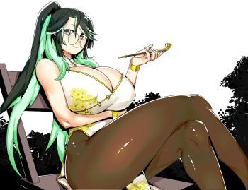 1girl bare_shoulders black_hair breasts brown_pantyhose china_dress chinese_clothes cleavage cleavage_cutout clothing_cutout colored_inner_hair commentary crossed_legs dress english_commentary eyeliner genshin_impact glasses gold_trim green_eyes green_hair high_ponytail highres large_breasts long_hair looking_at_viewer makeup minew multicolored_hair pantyhose parted_bangs pelvic_curtain ponytail round_eyewear sitting smoking_pipe solo thighs two-tone_hair white_dress xianyun_(genshin_impact)