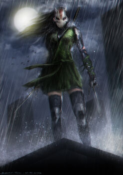 10s 1girl 2012 artist_name bird black_hair blue_eyes cheshire cheshire_(dc) dated dc_comics female_focus full_body highres johnson_ting long_hair mask moon night rain sai_(weapon) sky solo thighhighs weapon young_justice young_justice:_invasion