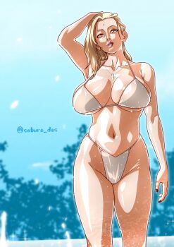 1girl absurdres bikini blonde_hair breasts commentary facial_mark forehead_mark highres huge_breasts large_breasts long_hair mature_female naruto_(series) saburo_des solo swimsuit tsunade_(naruto)
