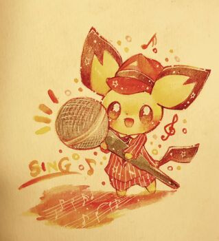 blush bright_pupils clothed_pokemon commentary_request english_text full_body gen_2_pokemon hat highres jacket microphone musical_staff nintendo open_mouth painting_(medium) pants pichu pokemon pokemon_(creature) solo striped_clothes striped_jacket striped_pants traditional_media treble_clef watercolor_(medium) white_pupils yukichi_0611