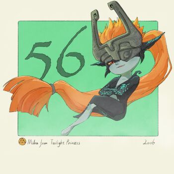 1girl black_skin border character_name colored_skin commentary copyright_name crossed_arms english_commentary fang full_body green_background helmet highres imp long_hair looking_at_viewer midna multicolored_skin nintendo outside_border parted_lips pointy_ears red_eyes red_hair solo the_legend_of_zelda the_legend_of_zelda:_twilight_princess two-tone_skin white_skin yangyaozigo