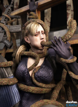1girl 3d artist_name blonde_hair blue_eyes bodysuit bulge capcom crying danfoo defeat gloves gun half-closed_eyes helpless highres jill_valentine lips molestation oral ponytail rape resident_evil resident_evil_5 restrained sex tentacle_sex tentacles watermark weapon