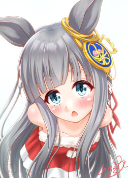 1girl alternate_costume arms_behind_back bent_over blue_eyes blush breasts chrono_genesis_(umamusume) collarbone commentary_request grey_hair hair_between_eyes highres horse_girl looking_at_viewer santa_costume signature simple_background siomi_n small_breasts solo umamusume watermark white_background