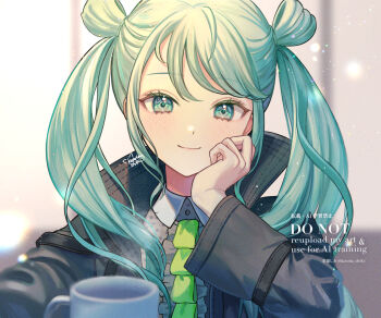 Rule 34 | 1girl, black jacket, blurry, blurry foreground, closed mouth, collared shirt, commentary request, cup, double bun, green eyes, green hair, hair between eyes, hair bun, hand on own cheek, hand on own face, hatsune miku, jacket, kotoha shiki, light blush, long hair, long sleeves, looking at viewer, project sekai, shirt, smile, solo, twintails, upper body, very long hair, vivid bad squad miku, vocaloid, wide sleeves