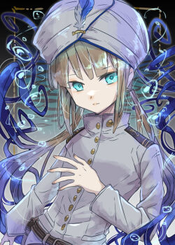 Rule 34 | 1boy, absurdres, air bubble, androgynous, blonde hair, blue hair, blue leggings, bubble, captain nemo (fate), commentary request, fate/grand order, fate (series), gradient hair, green eyes, hat, hat feather, highres, jacket, leggings, long hair, long sleeves, looking at viewer, male focus, military uniform, multicolored hair, naval uniform, nemo (fate), shorts, solo, towa-darkmistic, turban, twintails, very long hair, white turban
