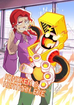 Rule 34 | 1boy, ariga hitoshi, artist name, beard, commentary request, cowboy shot, facial hair, green pants, heatman.exe, highres, male focus, mega man (series), mega man battle network (series), mr. match (mega man), netnavi, pants, parted lips, purple shirt, red hair, shirt, smile