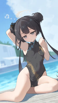 1girl absurdres arm_behind_head armpits biluoyao black_dress black_hair blue_archive braid braided_bun breasts butterfly_hair_ornament china_dress chinese_clothes chinese_commentary commentary_request double_bun dragon_print dress grey_eyes grey_halo hair_bun hair_ornament halo hand_up highres kisaki_(blue_archive) long_hair looking_at_viewer outdoors pelvic_curtain print_dress sitting sleeveless sleeveless_dress small_breasts solo twintails yokozuwari