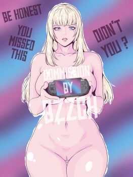 1girl blonde_hair breasts bzzch commission completely_nude emilie_de_rochefort english_text female_focus handheld_game_console highres holding large_breasts legs_together lips looking_at_viewer nude open_mouth playstation_portable pussy shiny_skin simple_background solo tekken thighs
